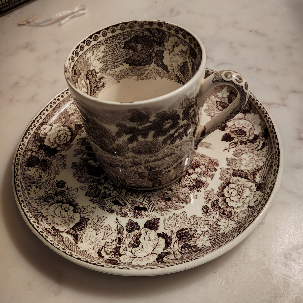 Wedgwood Antique Transferware Floral Brown and Cream Cup and Saucer